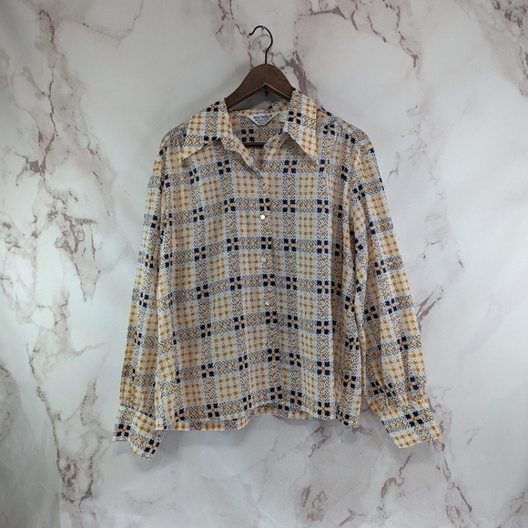 Vintage Shirt Mens XL Yellow Button Up 60s 70s Retro Houndstooth Plaid Disco - Picture 1 of 14